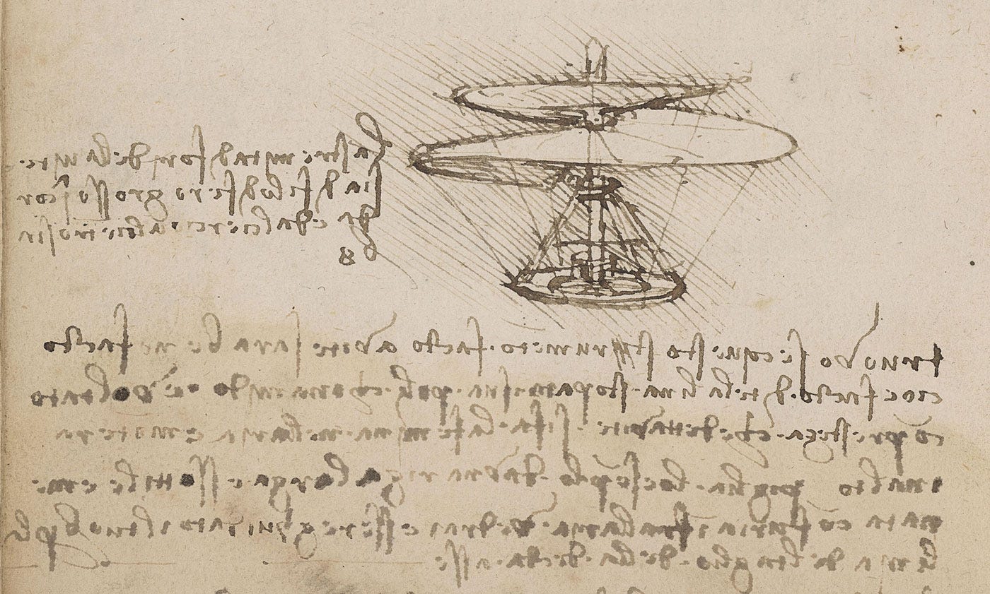 Leonardo da Vinci's design for an 'aerial screw' (a helical flying machine), c. 1489, with his mirror-image handwriting.