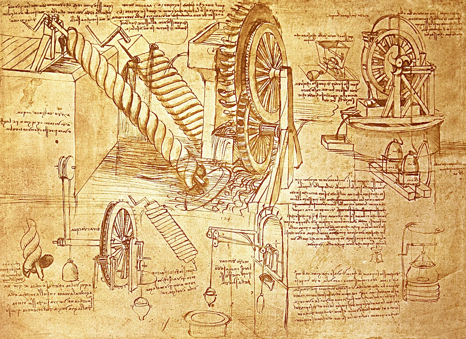 A page from Leonardo da Vinci's notebooks showing machines — gears, screws, and water wheels.